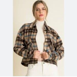 THML Cropped Plaid Brown Jacket Shacket Button Flannel- Size Medium
